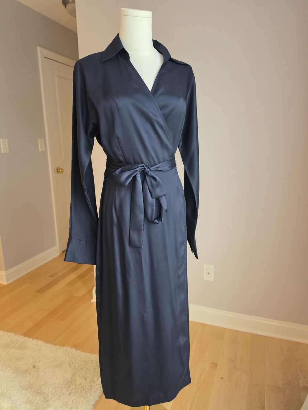 Banana Republic Navy Satin Dress with Tie Belt